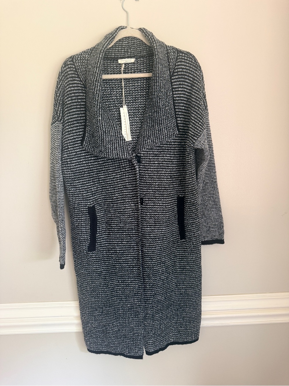 NWT Lovestitch Black & White Long Shawl Collar Cardigan, size medium